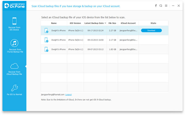 iCloud backup files are listed